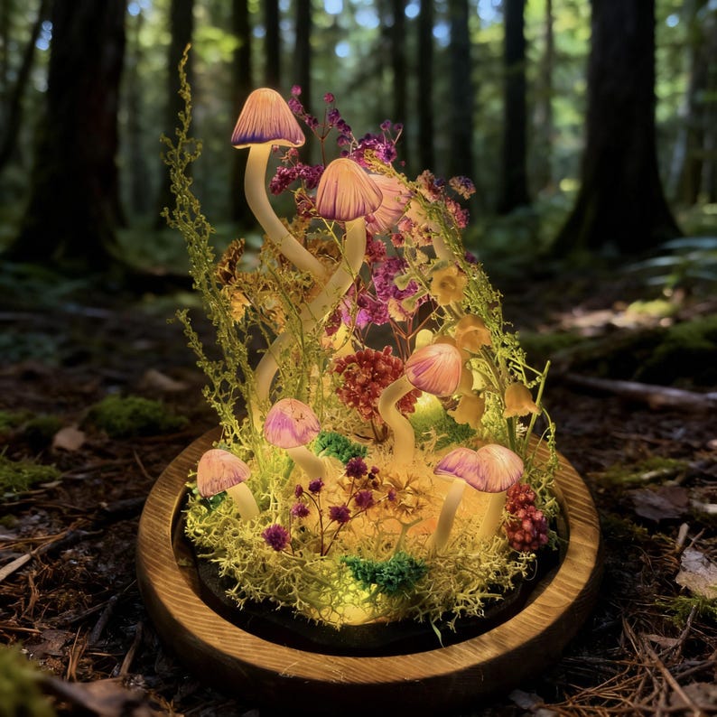 Pu&ograve; includere: Un terrario di funghi stravagante con funghi luminosi con cappucci rosa e delicati fiori viola. I funghi sono ambientati in un letto di muschio verde e fogliame secco, il tutto all'interno di una cupola di vetro con bordo in legno. La scena &egrave; illuminata da una luce soffusa e calda.