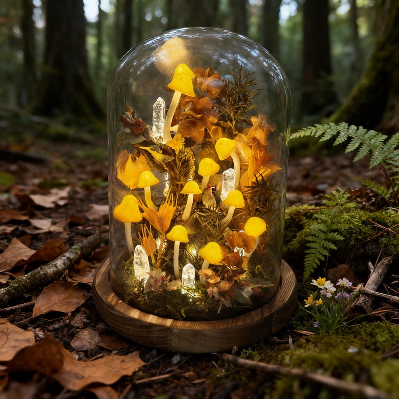 May include: A decorative glass cloche with a wooden base, filled with yellow mushroom lights, crystals, and dried foliage. The cloche is set against a blurred forest background, creating a whimsical, natural scene. The mushrooms are illuminated, adding a warm glow.