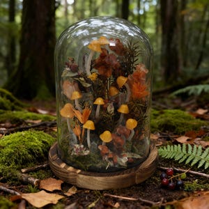 May include: A glass cloche terrarium featuring miniature yellow mushrooms, dried leaves, and moss. The terrarium sits on a wooden base, creating a miniature forest scene. The glass dome is clear, allowing a full view of the interior.