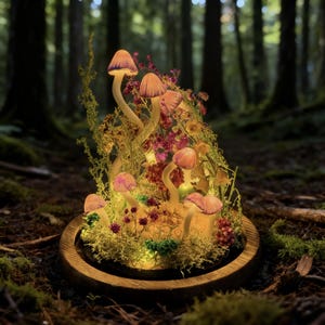 Pu&ograve; includere: Un terrario decorativo di funghi illuminati. Presenta diversi funghi luminosi con cappelli rosa e lunghi steli, circondati da muschio, fiori e fogliame. La base &egrave; un anello di legno, con uno sfondo sfocato della foresta.