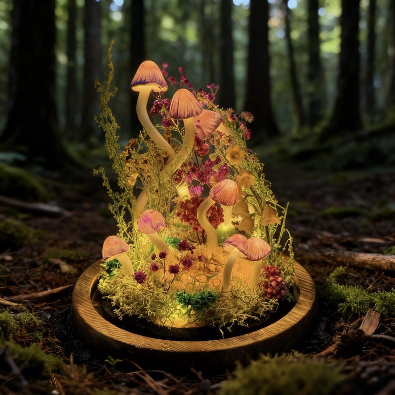 Pu&ograve; includere: Un terrario decorativo di funghi illuminati. Presenta diversi funghi luminosi con cappelli rosa e lunghi steli, circondati da muschio, fiori e fogliame. La base &egrave; un anello di legno, con uno sfondo sfocato della foresta.