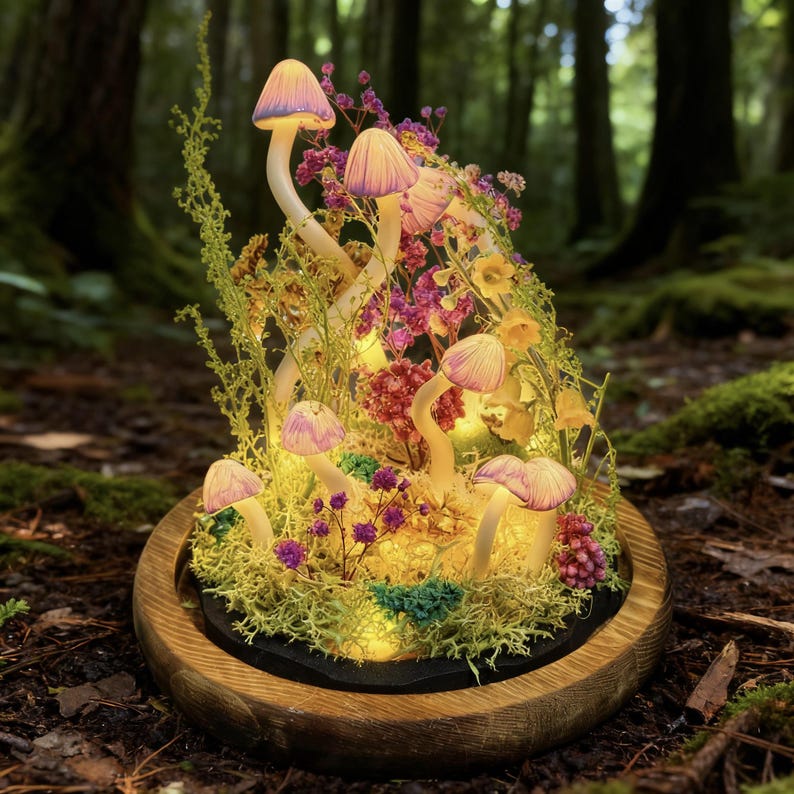 Pu&ograve; includere: Un terrario decorativo di funghi con luci brillanti. La cupola di vetro presenta diversi funghi illuminati con cappelli viola, circondati da muschio, fiori e vegetazione. La base &egrave; in legno, creando una scena forestale stravagante.