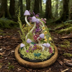 Pu&ograve; includere: Una scultura di funghi stravagante con cappelli color lavanda e steli bianchi, circondata da fiori secchi e muschio colorati. La composizione &egrave; posta su una base nera all'interno di una ciotola di legno, creando una scena di foresta in miniatura. Articolo decorativo.