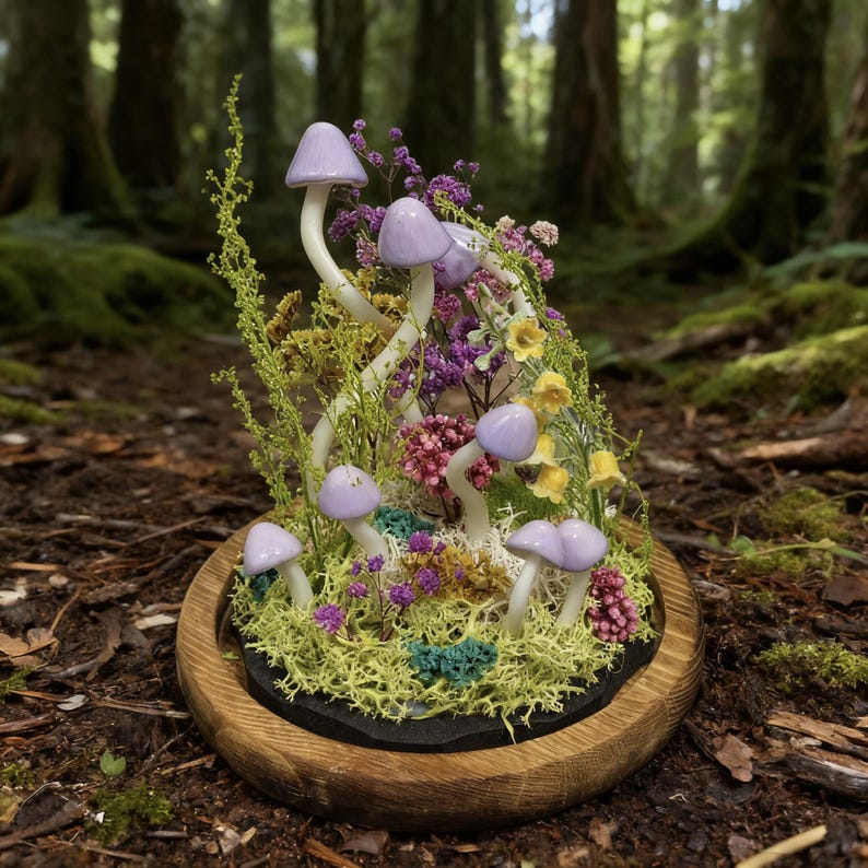 Pu&ograve; includere: Una scultura di funghi stravagante con cappelli color lavanda e steli bianchi, circondata da fiori secchi e muschio colorati. La composizione &egrave; posta su una base nera all'interno di una ciotola di legno, creando una scena di foresta in miniatura. Articolo decorativo.