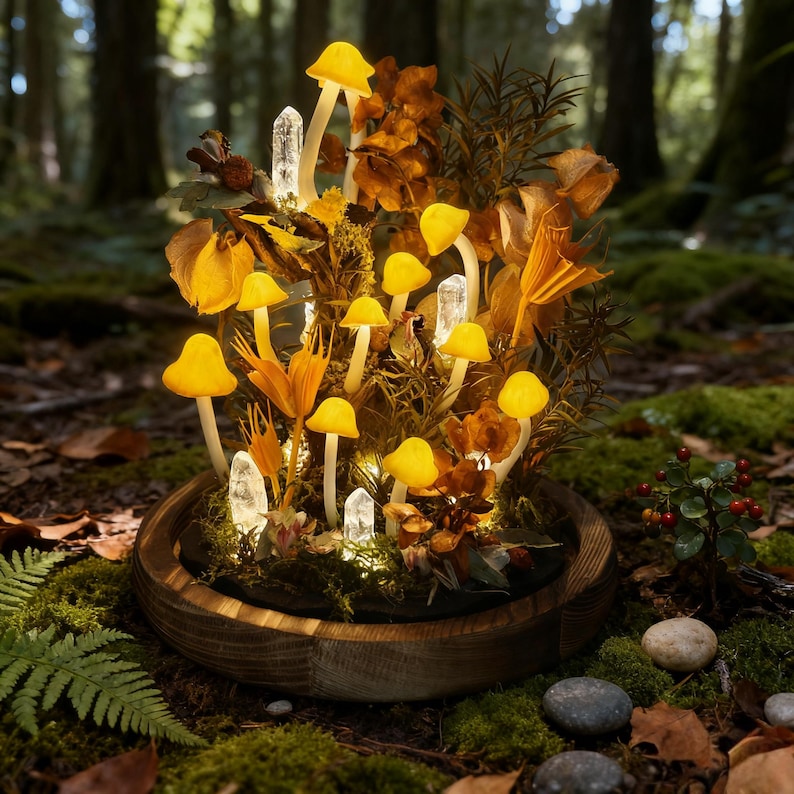 May include: A decorative arrangement featuring glowing yellow mushroom lights, clear crystal accents, and dried foliage, set within a wooden bowl. The scene is illuminated, creating a whimsical, fairy-tale aesthetic. The arrangement is surrounded by moss and forest elements.