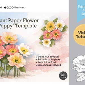 以下が含まれることがあります： 巨大な紙の花「ポピー」のデジタルテンプレート。画像は、ピンク、黄色、白の色合いの紙のポピーの水彩イラストです。テンプレートはA4用紙に印刷可能で、インスタントダウンロードとビデオチュートリアルが含まれています。