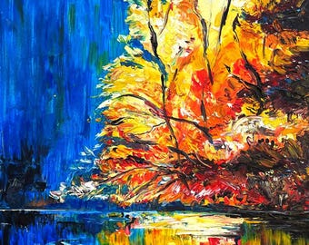Peut inclure: Peinture abstraite représentant une scène d'automne vibrante. L'œuvre présente un ciel bleu vif et un plan d'eau reflétant le feuillage coloré. Les arbres sont peints dans des tons de jaune, d'orange et de rouge.