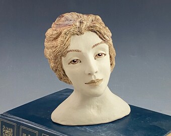 Small lady bust hand sculpted in cream and browns 6.5” tall