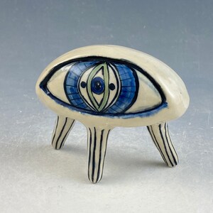 Evil eye protector OOAK 3 inches tall hand built and hand painted stoneware clay image 1