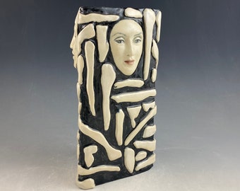 Black and white OOAK triangular face vase 9” tall three faces unique flower vase