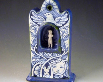 Reliquary, porcelain desktop childhood memory  shrine in blue and white with Imagine, one of a kind