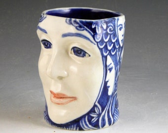Face cup, blue and white, One of a kind, porcelain