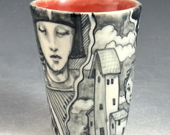 Story cup, black and white with faces, castle, moon and more
