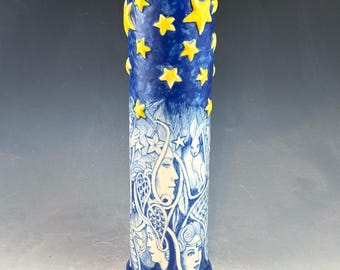 Tall blue and white vase with yellow 3D stars, 11.25" OOAK