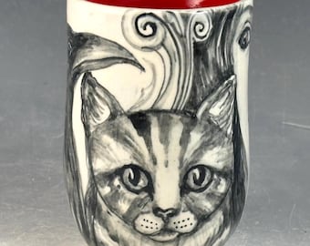 Cat dog raven lady porcelain cup, holds 7.5 ounces