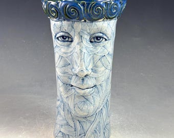 Blue & White Art Vase: Woman's Face with Crown, Unique Home Decor