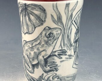 Handmade cup with Lion,  Frog and Lady, OOAK Ceramic Mug