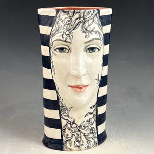 Dramatic black and white OOAK ceramic handmade vase with two faces