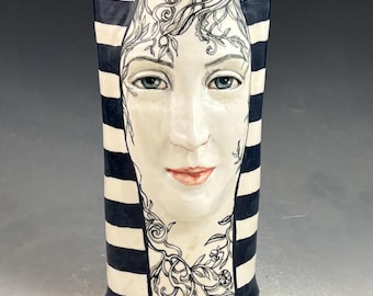 Dramatic black and white OOAK ceramic handmade vase with two faces