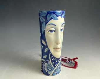 Desktop flower vase porcelain face vase delft style blue and white 7” tall one of a kind handmade vase ceramic vase