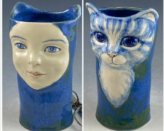 Child face and cat face 7 inch tall OOAK ceramic vase or pencil cup. Hand sculpted blue  white  ceramic flower vase home decor desktop