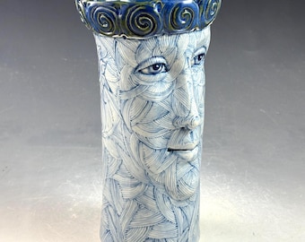 Blue & White Art Vase: Woman's Face with Crown, Unique Home Decor
