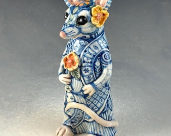 Larger 6 inch tall lucky mouse with flowers OOAK
