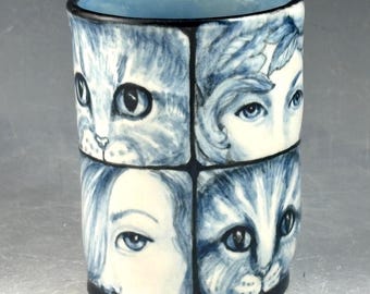 Cat tile cup with cat ladies porcelain mid fire clay