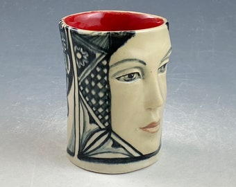 Black and white porcelain face mug with red interior 3.75” tall holds about 5 ounces small face cup OOAK