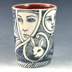 Hand Painted Porcelain Cup, Bird & Face Design, OOAK Stoneware