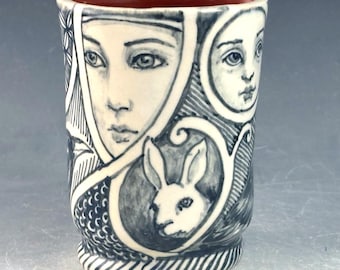 Hand Painted Porcelain Cup, Bird & Face Design, OOAK Stoneware