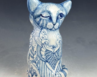 Hand-Built Ceramic Cat Sculpture: Blue White Winking Feline Figurine (8.25 inches)