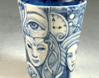 Handmade Porcelain Cup: Cobalt Blue and White, 7 oz