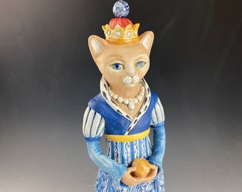 Queen of cats 15.25” tall ceramic sculpture one of a kind cat lady queen of all she surveys hand sculpted and painted