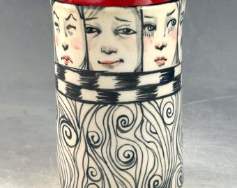 One of a Kind Porcelain Cup: Hand-Painted Faces, Swirl Design, 6.5oz Capacity