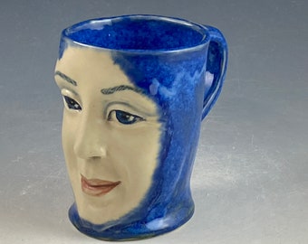 Face mug in beautiful blue 4.5 inches tall one of a kind hand built stoneware face cup with handle