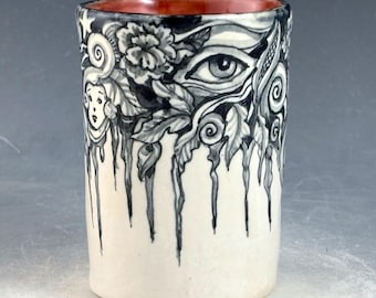 Handleless cup in black and white with rust interior 3.8 inches tall, OOAK