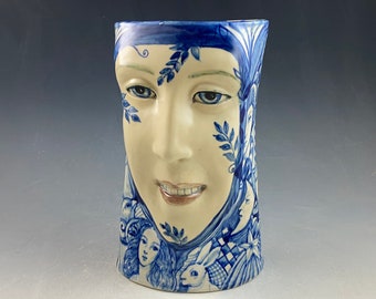 Blue and white happy face vase one of a kind handmade ceramic hand built and painted