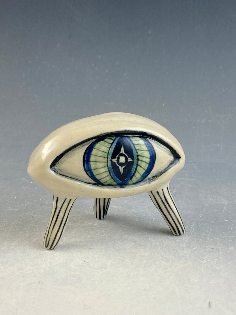 Evil eye protector OOAK 3 inches tall hand built and hand painted stoneware clay image 4