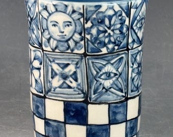 Blue and white porcelain tiles cup, OOAK holds 7.5 ounces