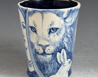 Handmade Porcelain Pottery Cup, Leo the Lion & Moon, Blue and White (9 oz)