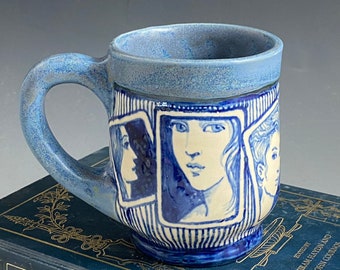 Blue and white coffee mug tea cup holds 14 ounces with six ladies portraits one of a kind hand made and hand painted pottery