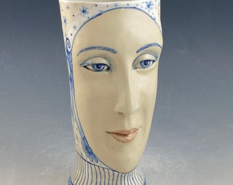 Elegant lady ceramic OOAK face vase in blue and white with mother and daughter painted on reverse completely hand sculpted and painted