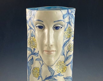 Tall 13.75 inches one of a kind double face vase 13.75 tall with two hand sculpted faces and flowers handmade unique