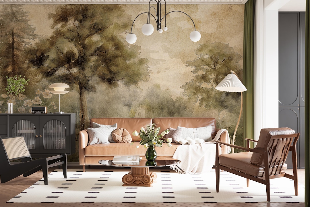 Forest Trees Wall Mural: Vintage Botanical Peel and Stick Wallpaper ...