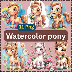 Aquarell süßes Cartoon Pony - Digitales Produkt PNG - Süße Pferde Kunst - Pony Illustration - Sofort Download