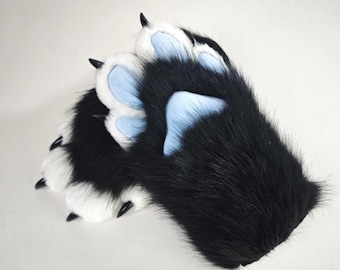 Black White Fursuit Paws Light Blue Pads Custom Furry Gloves for Anthrocon Toony Faux Fur Handpaws Gift for Kemonomimi