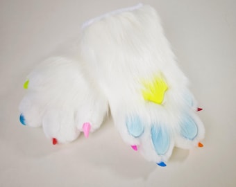 Witte Fursuit Poten Sterrenkussen Glitterhonden Handschoenen Harige Cosplay Conventie Gear Aangepaste Handpoten Regenboogklauwen Nepbont