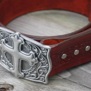Celtic Embossed Leather Belt with Celtic Cross Buckle