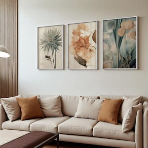 Set of 3 Framed Glass Wall Art, Modern Botanical Print Triptych, Teal Orange Living Room Decor, Tempered Glass Floral Art, Housewarming Gift